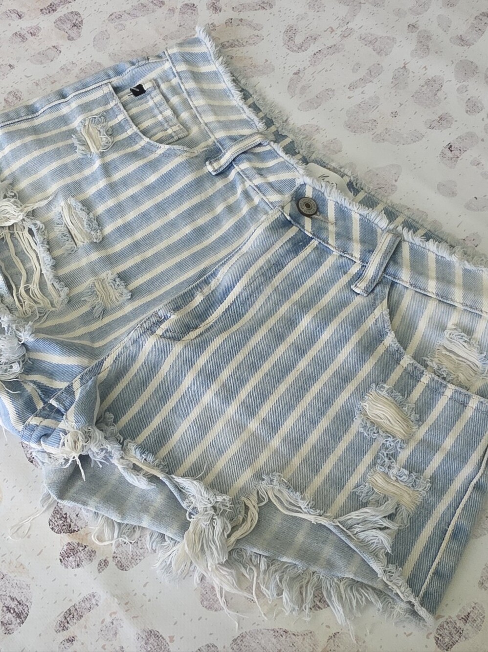 KanCan Light Blue & White Striped Distressed Jean Shorts